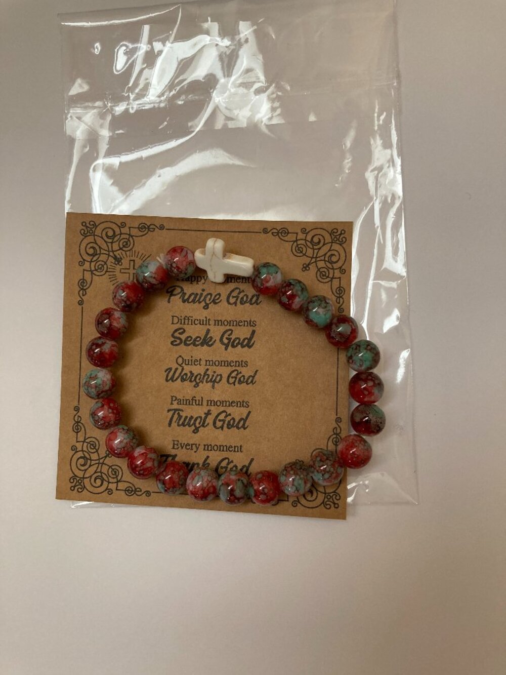 Red and Blue Sea Sediment Jasper Beaded Stretch Bracelet with Cross